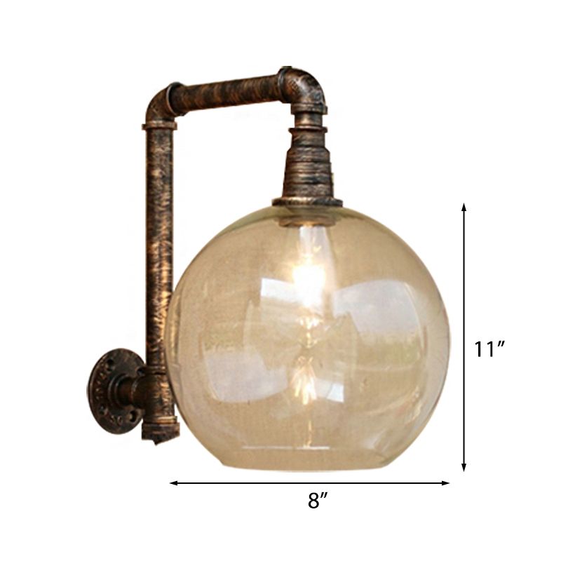 Globe Stairway Wall Lamp Industrial Clear Glass 1 Light Aged Brass Wall Mount Light with Angle Pipe, 8"/10" Width