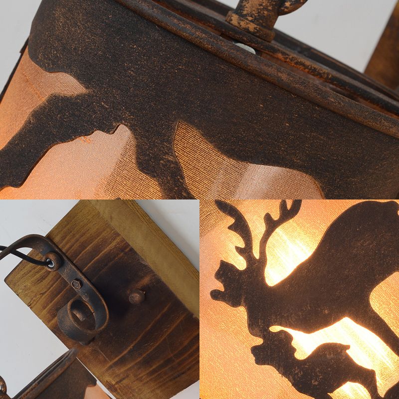 1 Bulb Porch Wall Mounted Lamp Country Rust Sconce Light Fixture with Cylinder Fabric Shade