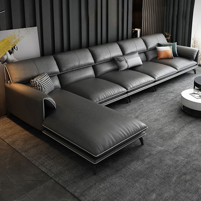 35"H Contemporary Sectional Sofa Leather Grey Stationary Sectionals