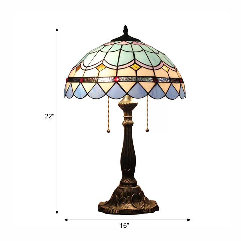 Barokke stijl Dome/Bowl leeslicht 1 licht gebrandschilderd glazen tafelverlichting met metalen basis in blauw