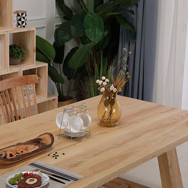 Rectangle Pine Wood Dining Table Modern Table in Nature with Wooden Trestle Base