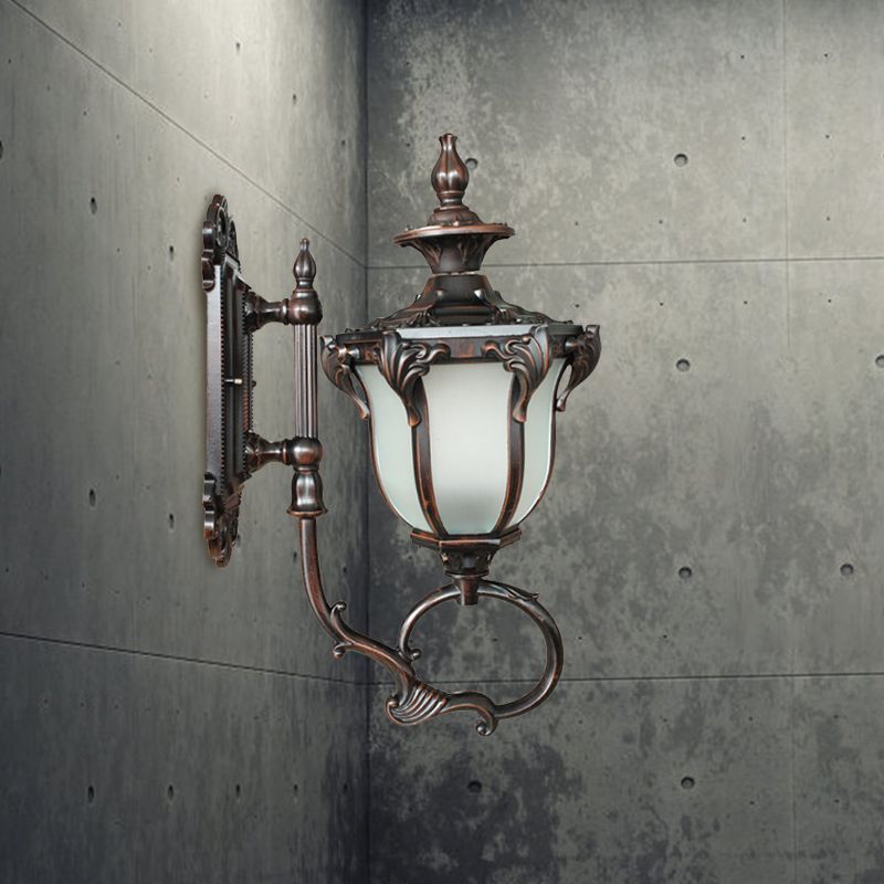 Scrolling Am Metal Wall Lamp Rustic 1 Bulb Outdoor Sconce with Opal Glass Shade in Brass/Coffee