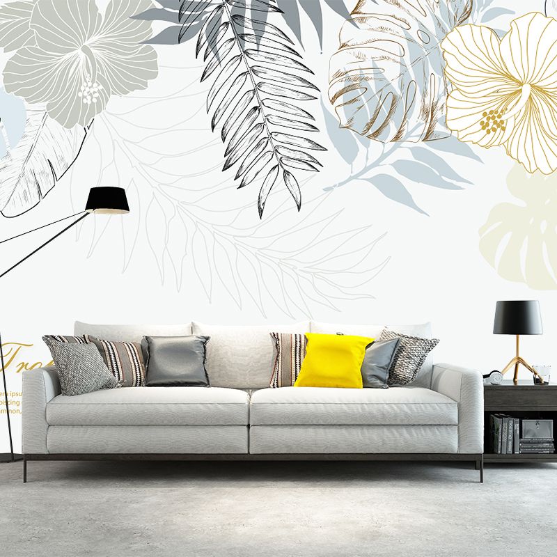 Tropix Watercolor Leaf Mural Wallpaper Grey-White Stain Resistant Wall Art for Home