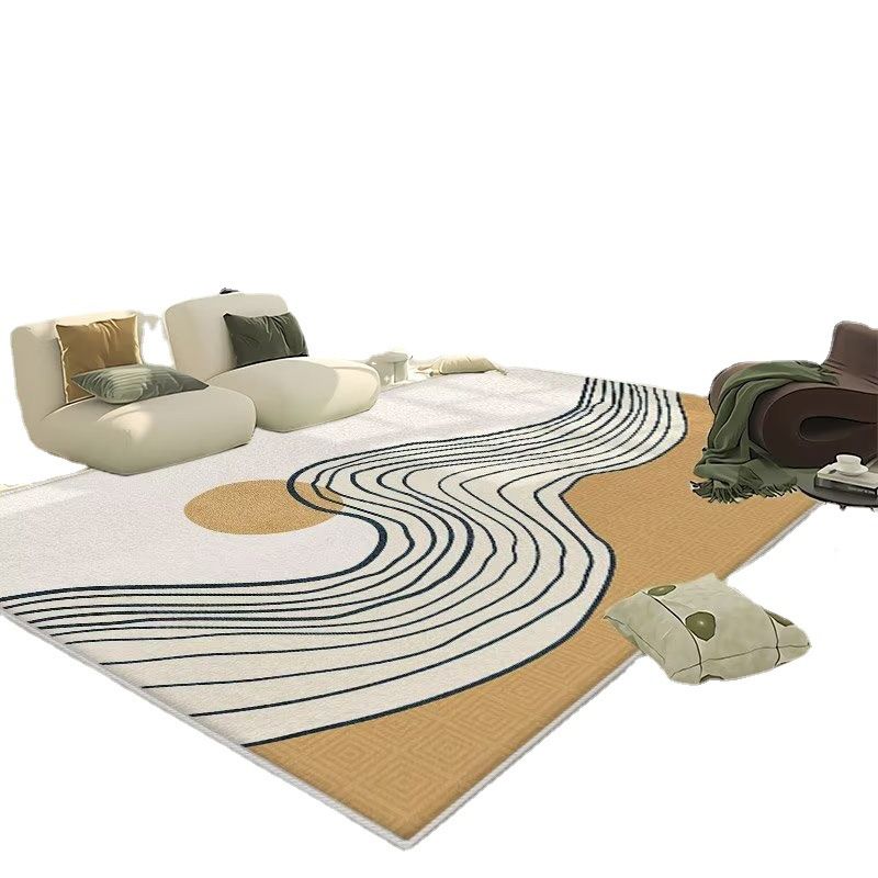 Modern Irregular Line Rug Beige Polyester Rug Washable Rug for Drawing Room