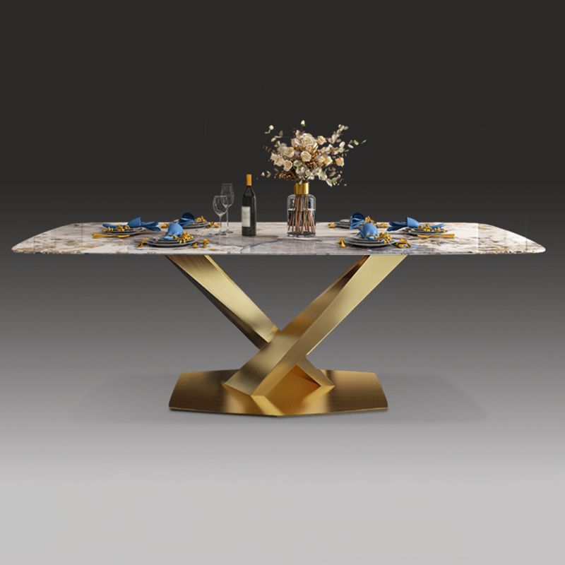 Sintered Stone Top Table for Restaurant Luxury Rectangle Table with Gold Metal Pedestal