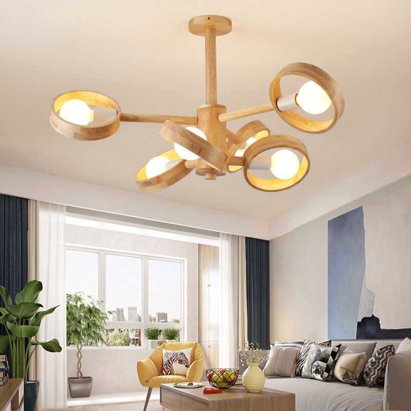 Circular Shaped Ceiling Lighting Contemporary Wood Living Room Chandelier Light Fixture