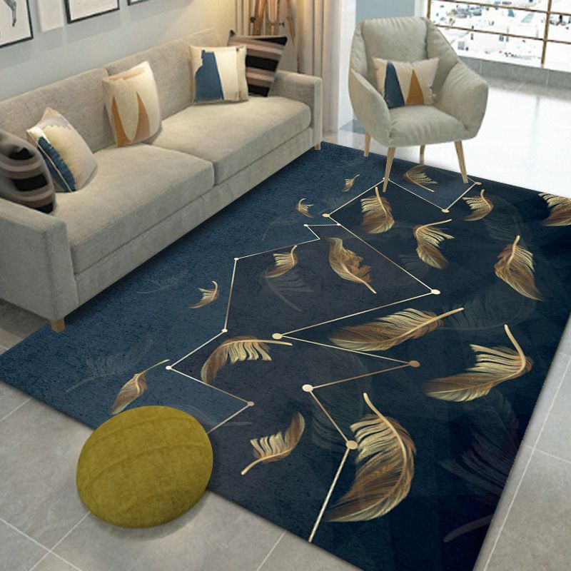 Glam Carpet Polyester Feather Print Rug Non-Slip Backing Indoor Rug for Home Decoration