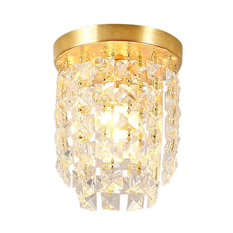 Plafonnier à 1 lumière pour couloir, luminaire simple en laiton avec abat-jour cylindrique en cristal transparent