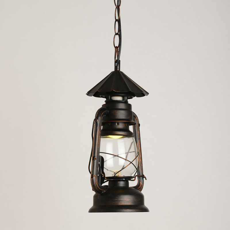 Nautical Kerosene Lantern Pendant Light Single-Bulb Clear Glass Hanging Lamp for Corridor