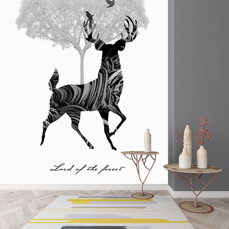 Black-White Artistic Mural Decal Full Size Deer and Tree Pattern Wall Covering for Bedroom