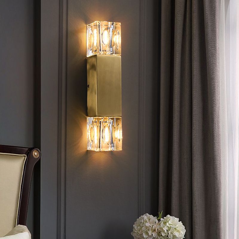 Modern Brass Wall Light Cuboid 12.5" High Wall Sconce with Crystal for Living Room