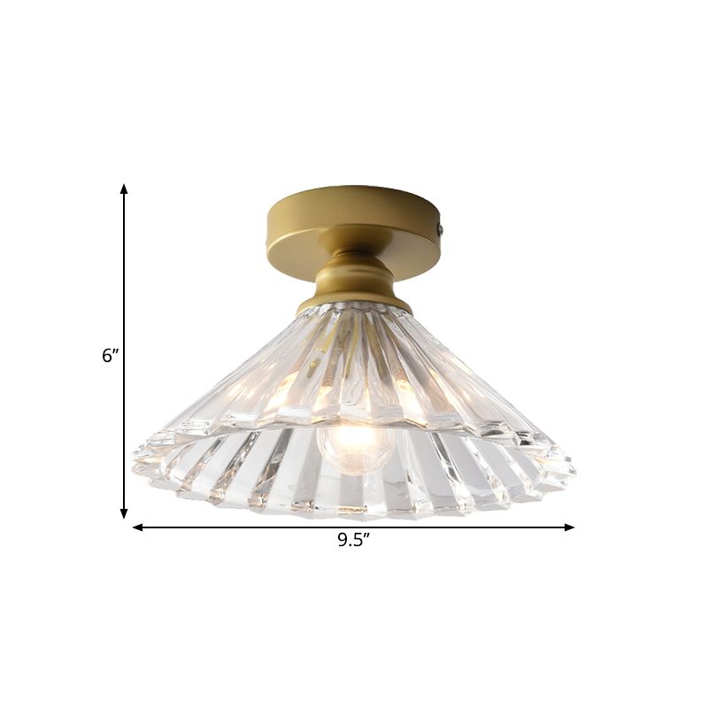 Traditional Tapered Ceiling Light Single Head Clear Ridged Glass Flush Mount Lamp in Brass
