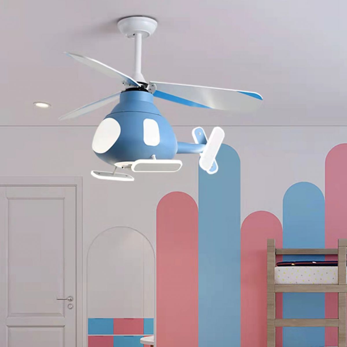 Metal Airplane Shaped Pendant Fan Lamp Cartoon LED Semi Flush Light for Kids Room