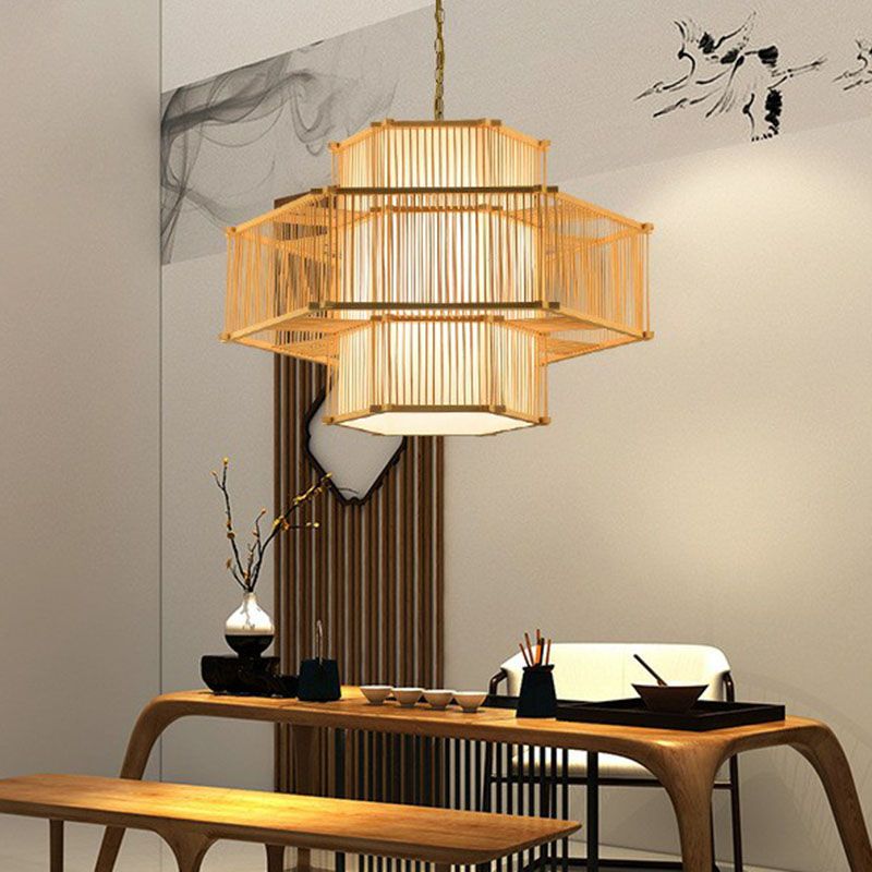 Geometric Shape Guest Room Pendant Light Bamboo Single Asian Hanging Light in Wood