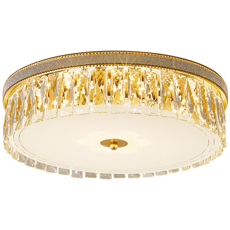 Gold Cylindrical LED Ceiling Light in Modern Luxury Style Crystal Indoor Flush Mount with Glass Shade