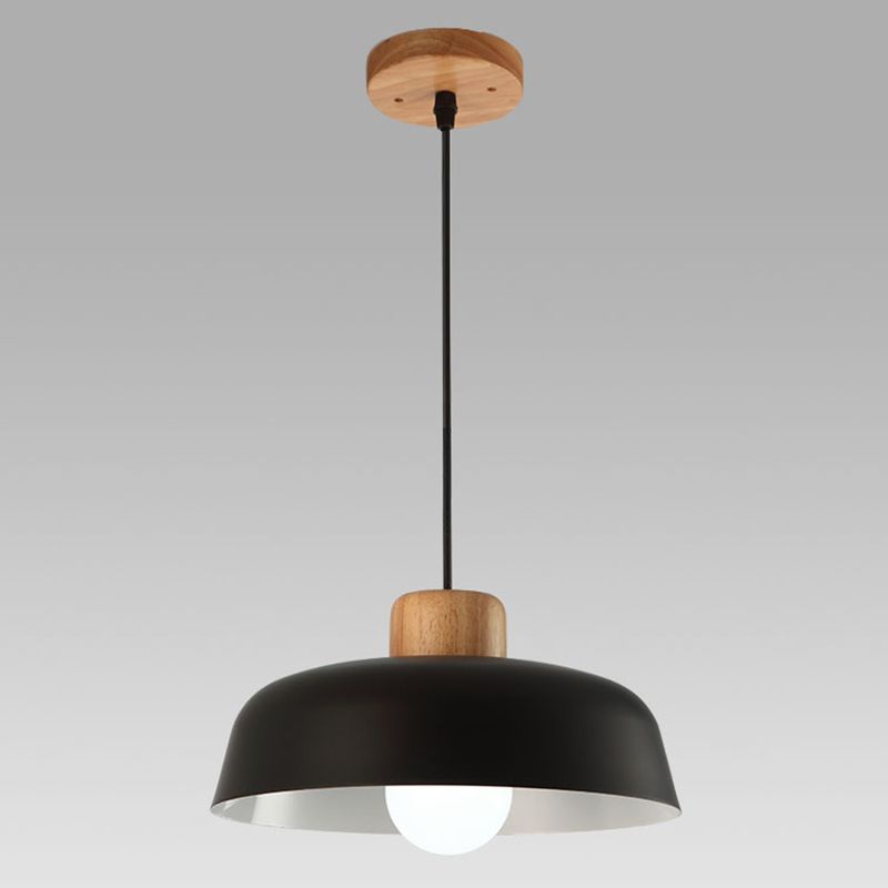 Modern Creative Single Pendant Light Wooden Dome Macaron Hanging Lamp with Iron Shade