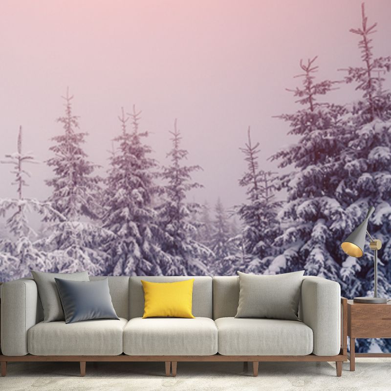 Pink Sky Snow Cypress Mural Wallpaper Washable Contemporary Bedroom Wall Art, Non-Woven
