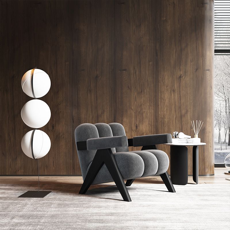 Mid-Modern Century Wood Lounge Chair Sewn Pillow Back Sled Arm Chair in Gray