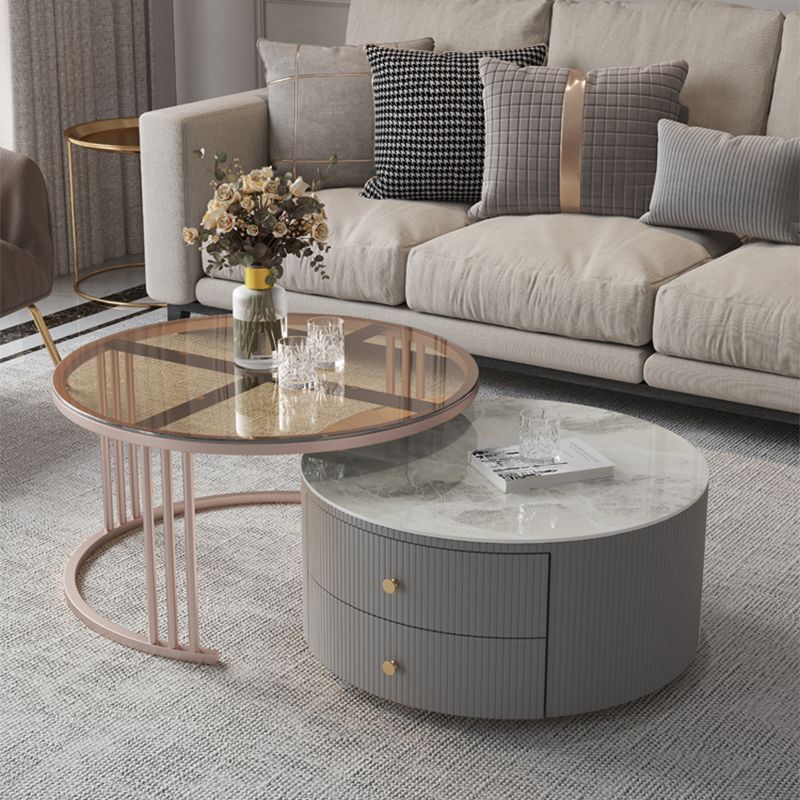Drum Coffee Cocktail Table with 2 Storage Drawers Slate Top Round