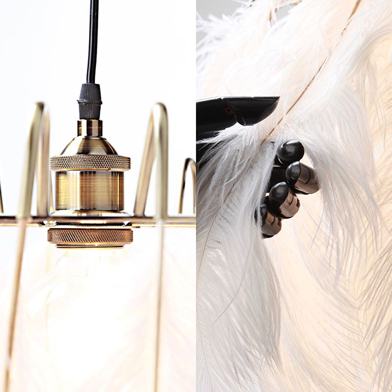 Romantic Drum Pendant Light 1 Light Feather & Metal Suspension Light in White for Adult Bedroom