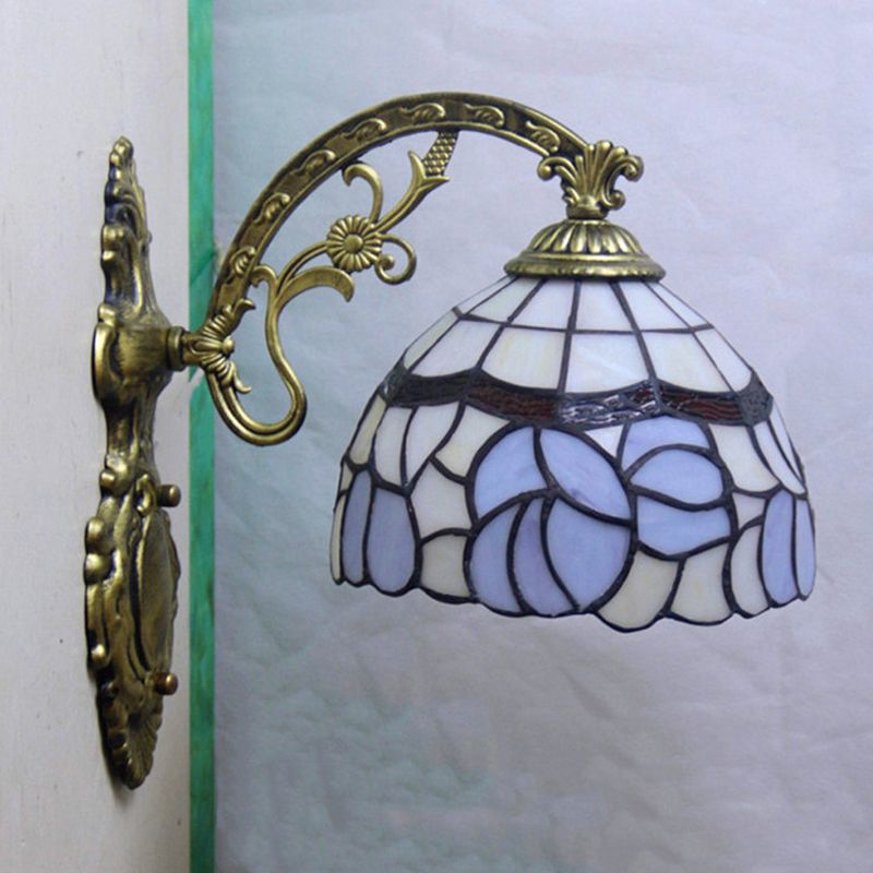 1 Light Bowl Wall Lamp Sconce Tiffany Style Blue Stained Art Glass Wall Lighting with Arched Arm