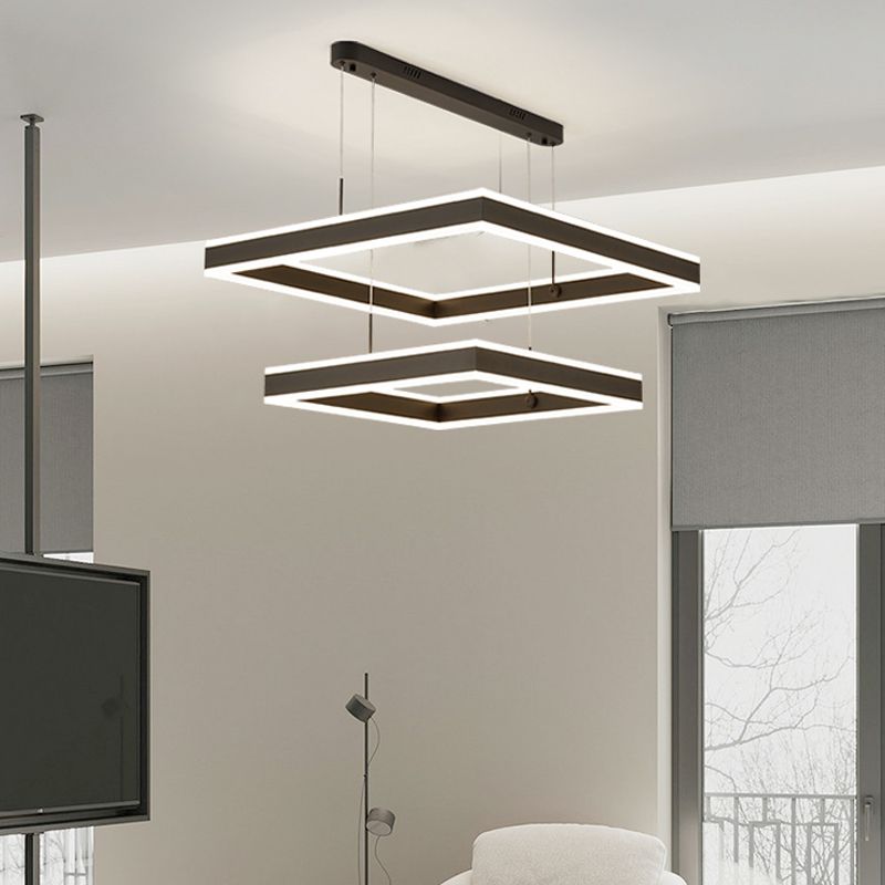 Square LED Chandelier Modern 2-Layer Hanging Pendant Lights with White Acrylic Shade