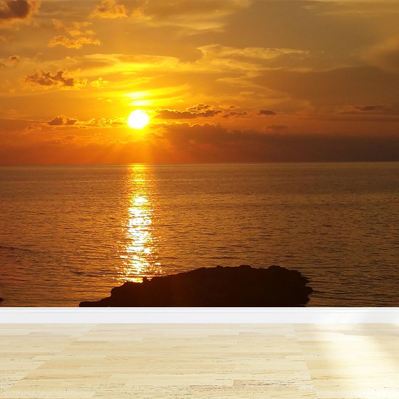 Caribbean Sea Mural Nature Sunset Scenery Wall Covering in Soft Color for Bathroom