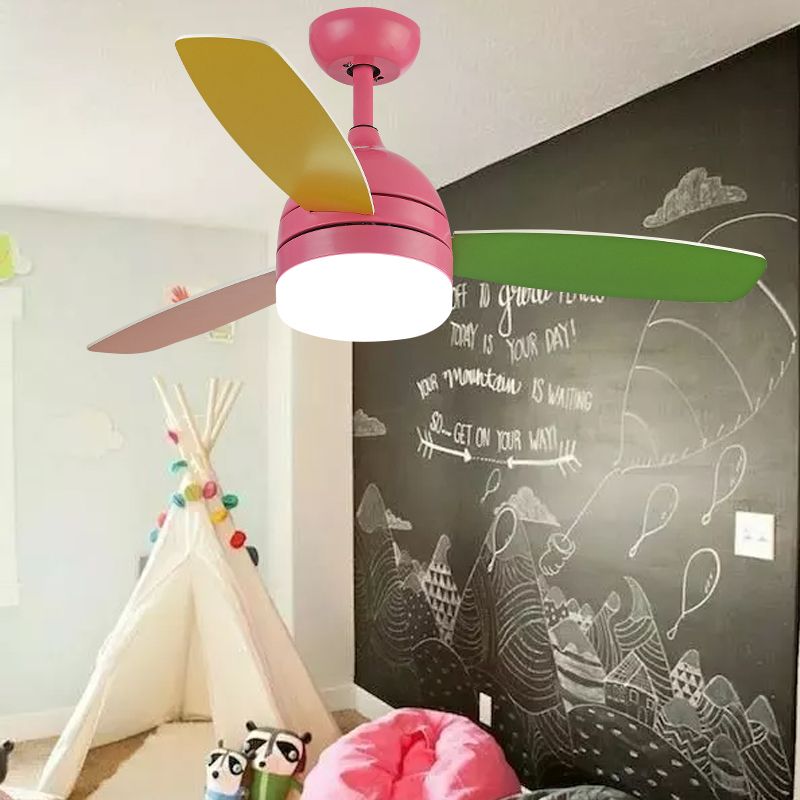 Dome Pendant Fan Lighting Kids Acrylic LED Pink/Blue Semi Flush Mount Light with 3 Colorful Blades for Bedroom, 39" Wide