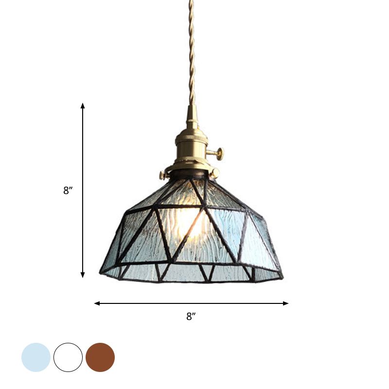 Blue/Clear Textured Glass Brass Pendant Faceted Barn Shaped 1 Light Country Style Hanging Ceiling Light