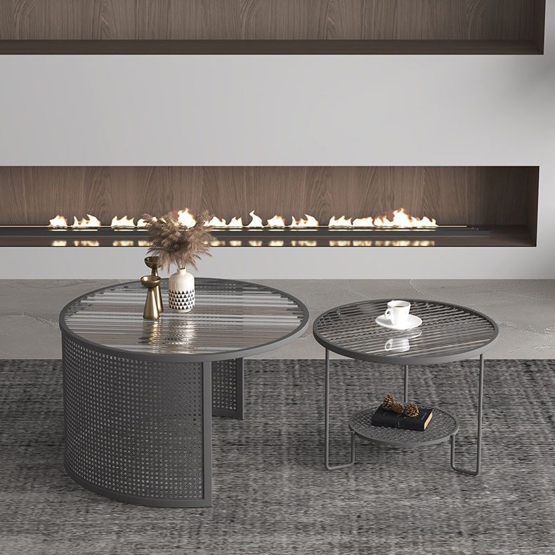 Contemporary Nesting Coffee Table Set with Round Glass Top and Iron Base
