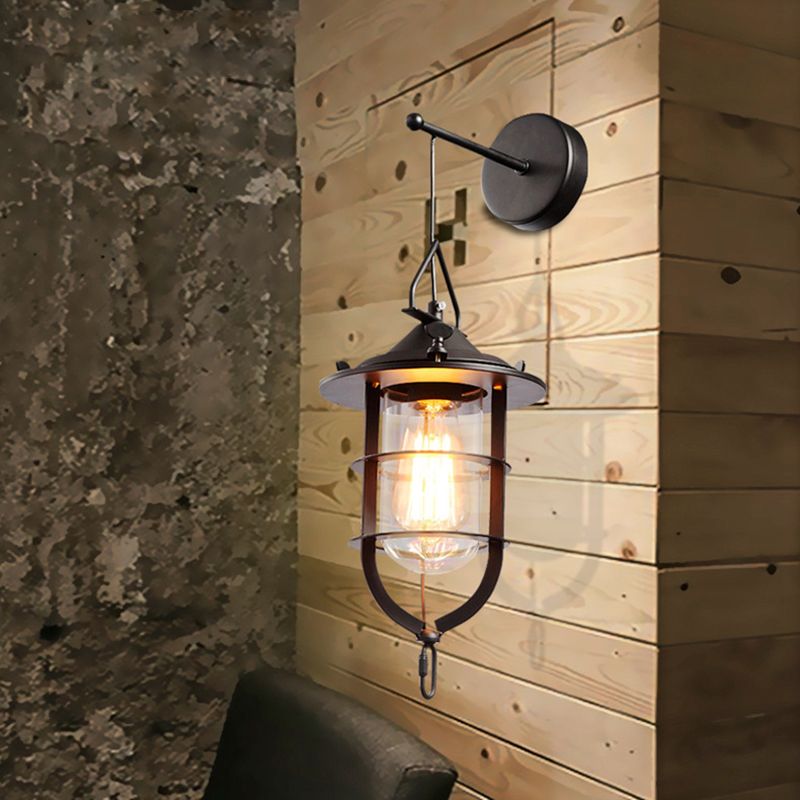 Clear Glass Black Sconce Lamp Capsule 1-Light Traditional Wall Mounted Lighting with Cage