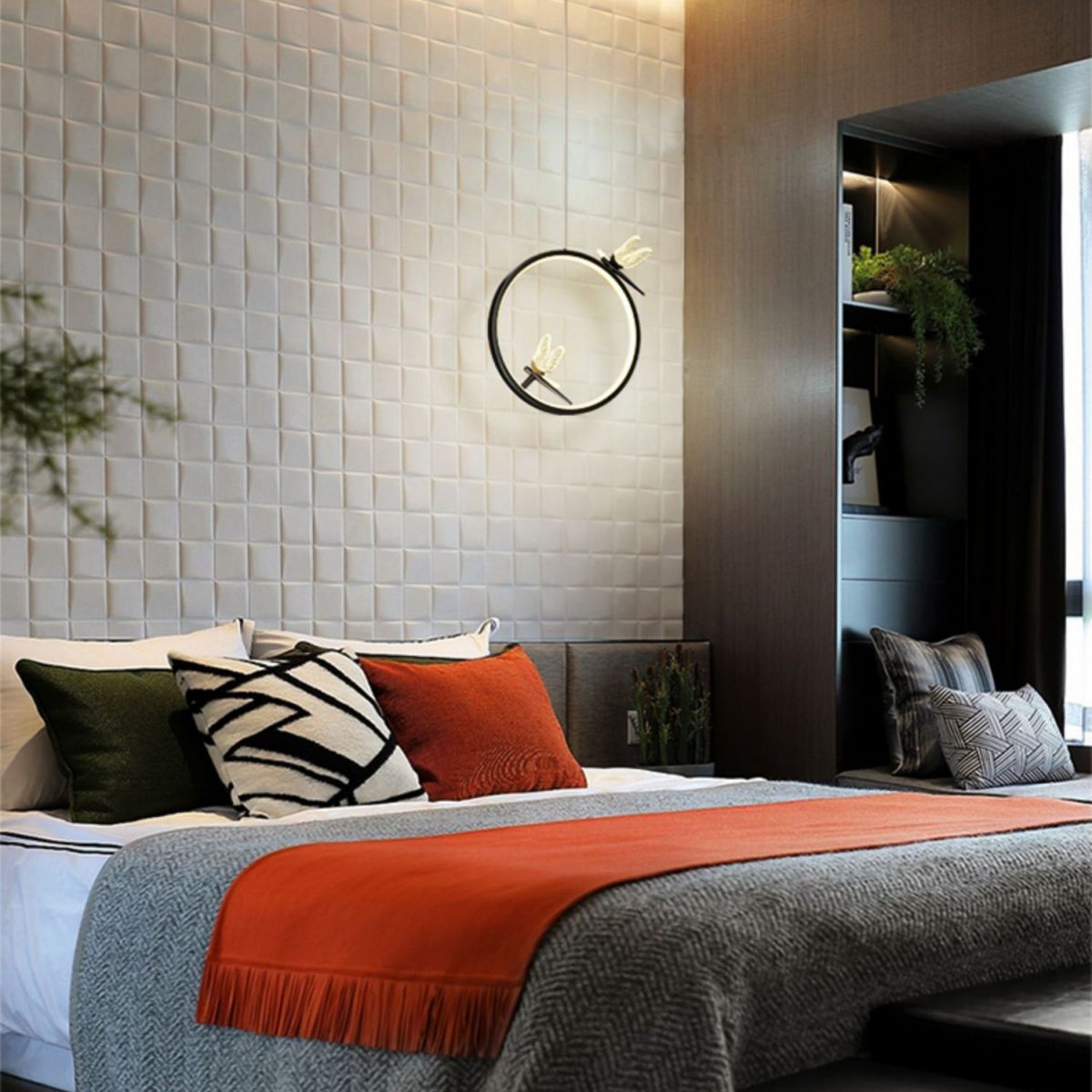 Anillo y libélula Led colgante artística simple acrílico lámpara colgante de la cama colgante