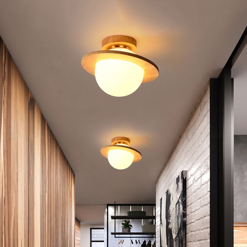 Small Sphere Corridor Ceiling Fixture Opal Frosted Glass Single Simple Semi Flush Mounted Lamp with Wood Banding Belt
