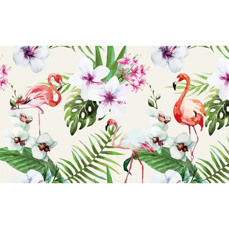 Tropical Botanics Flamingo Mural Decal for Girls Room Custom Wall Covering in Soft Color
