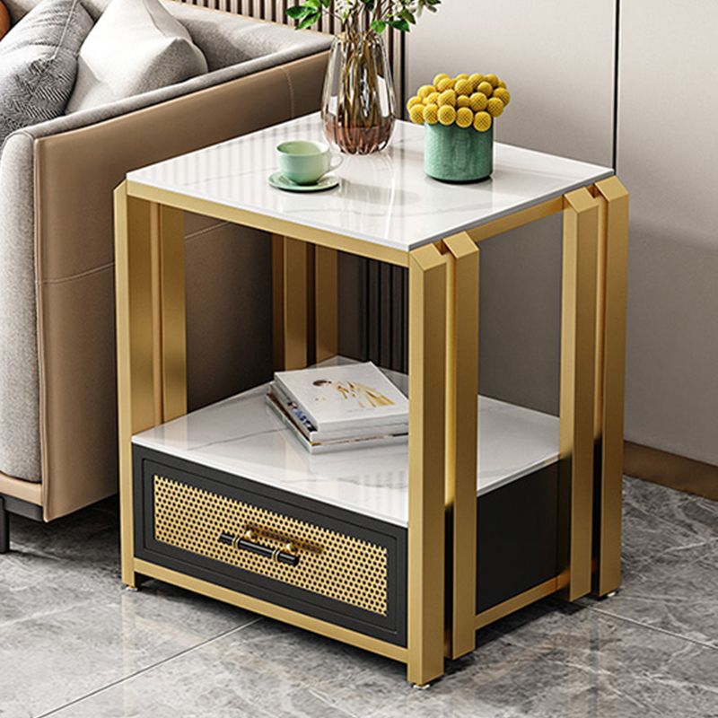 Frame Glam Style Side Table 21.6" Tall Stone Top Side Table with Storage