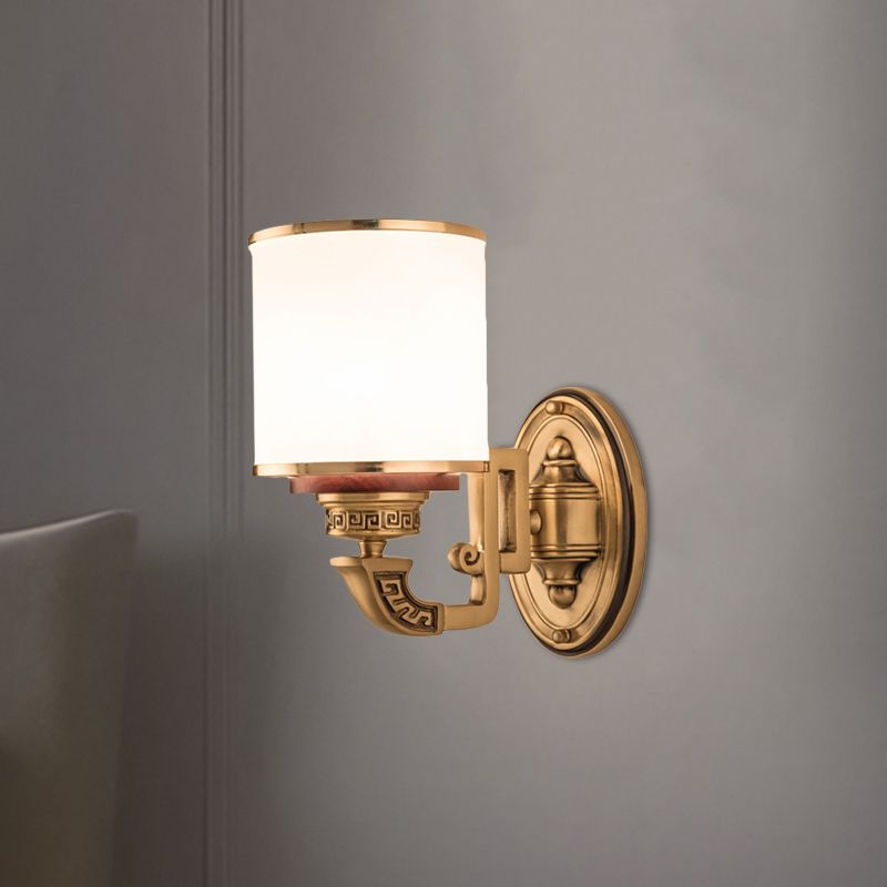Finitura in ottone Finitura a parete cilindro leggero applique rurale vetro bianco 1 luce da soggiorno a parete lampada montata