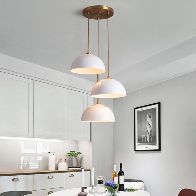 3 Lights Dining Room Cluster Pendant Macaron White/Pink/Green Finish Down Lighting with Dome Iron Shade