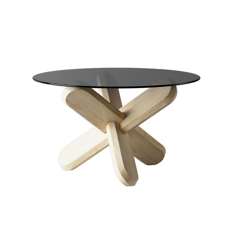 Modern Round Glass Top Coffee Table with Abstract Wooden Leg
