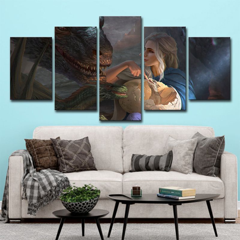 Multi-Piece Blue Wall Art Kids Digital Print Khaleesi and Her Dragon Wall Decor for Room