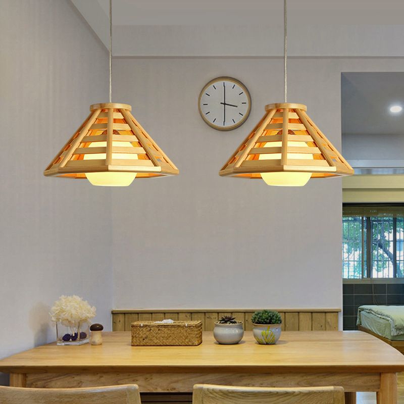 Log Color Truncated Cone Hanging Lamp in Modern Simplicity Wooden Pendant Light with Glass Shade