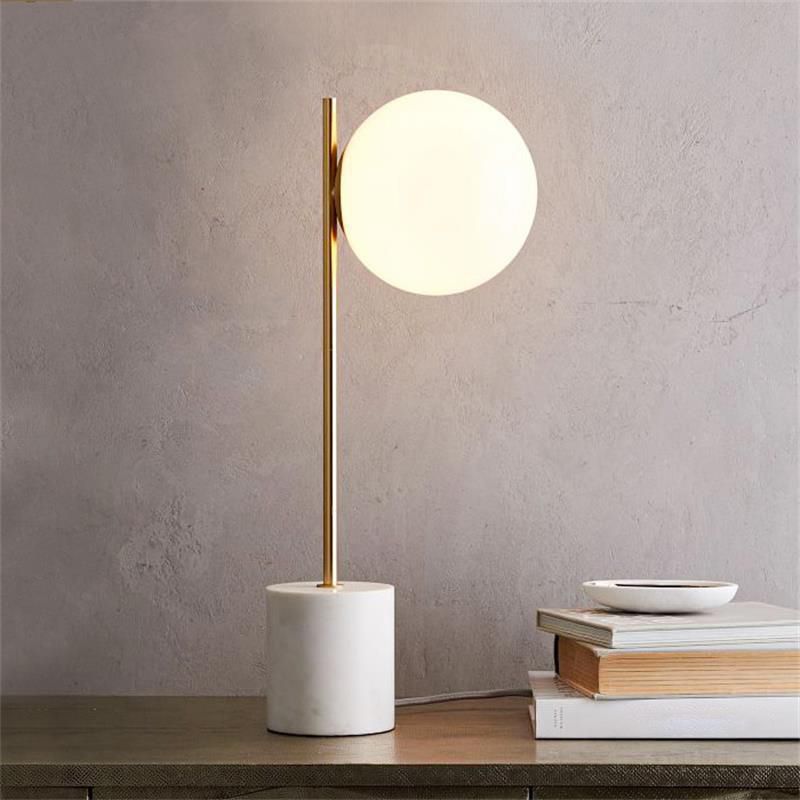 White Glass Spherical Table Lamp Modern 1 Head Reading Book Light with Marble Base