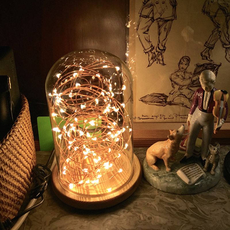 Lámpara moderna de la mesa nocturna LED BEIGE BEGE Bell Lámpara de escritorio con sombra de vidrio transparente, base de madera