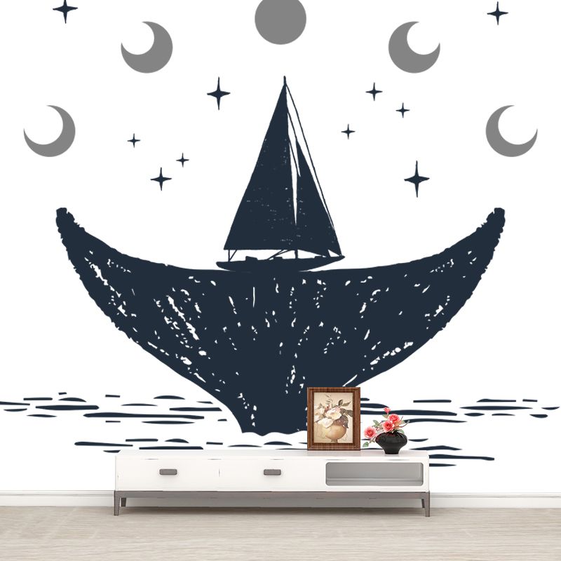Custom Illustration Novelty Mural with Moon and Whale Tail Pattern in Black-White
