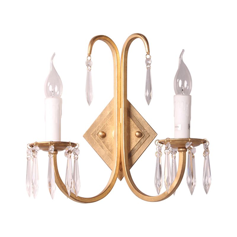 Metallic Candle Wall Lighting Feature Rustikale 2 Lichter Esszimmer Leuchter in Gold mit Kristalltropfen