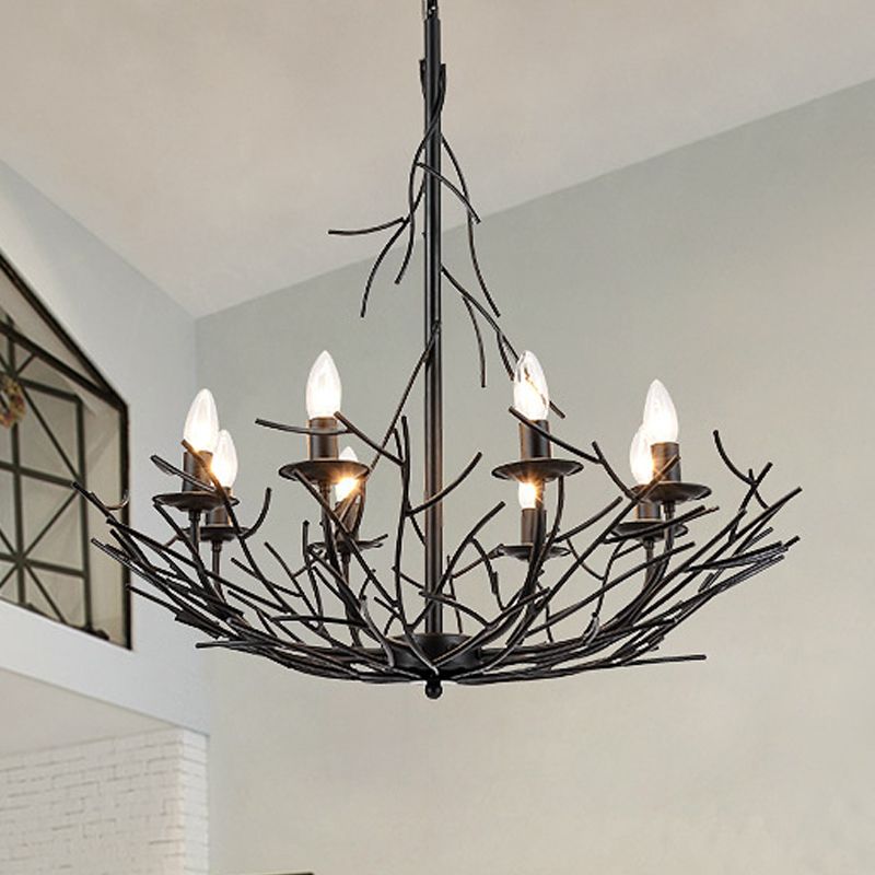 Lámpara de lámpara de araña de forma de nido vintage colgante de techo colgante de 8 luces en negro