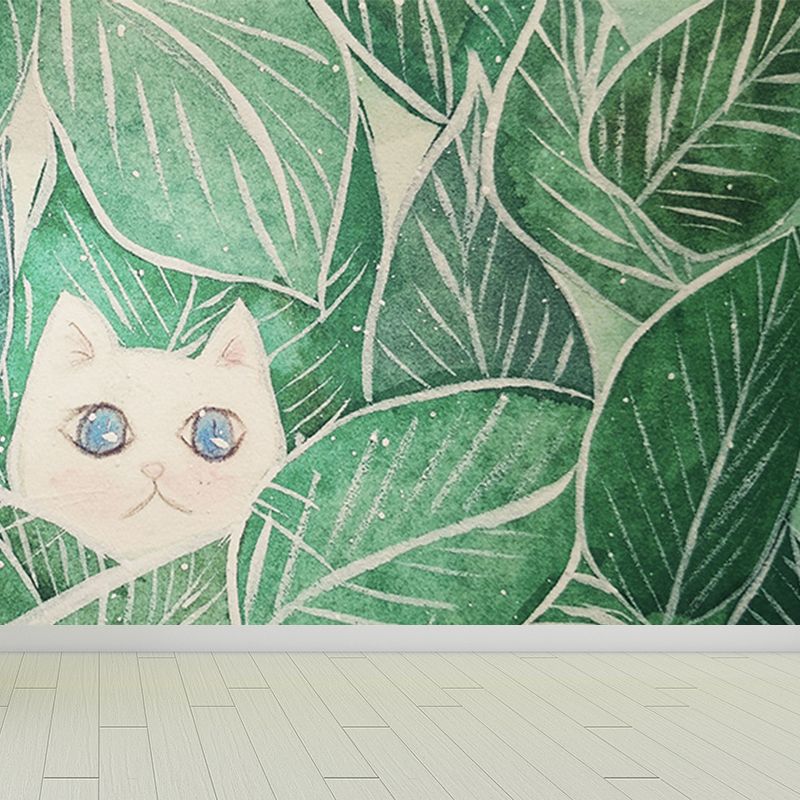 Leaves and Animal Mural Wallpaper Modern Non-Woven Material Wall Covering in Green