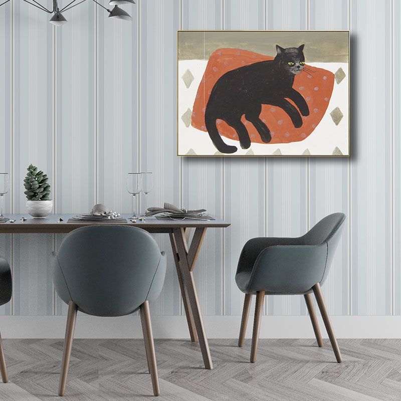 Textured Orange Canvas Art Kids Style Cat Lying on Pillow Painting for Baby Room