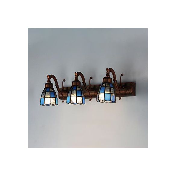 Stained Glass Dome Wall Lighting with Square/Blue Square Pattern and Linear Backplate Vintage Retro 3 Lights Sconce Lighting in Copper/Antique Brass/Brass