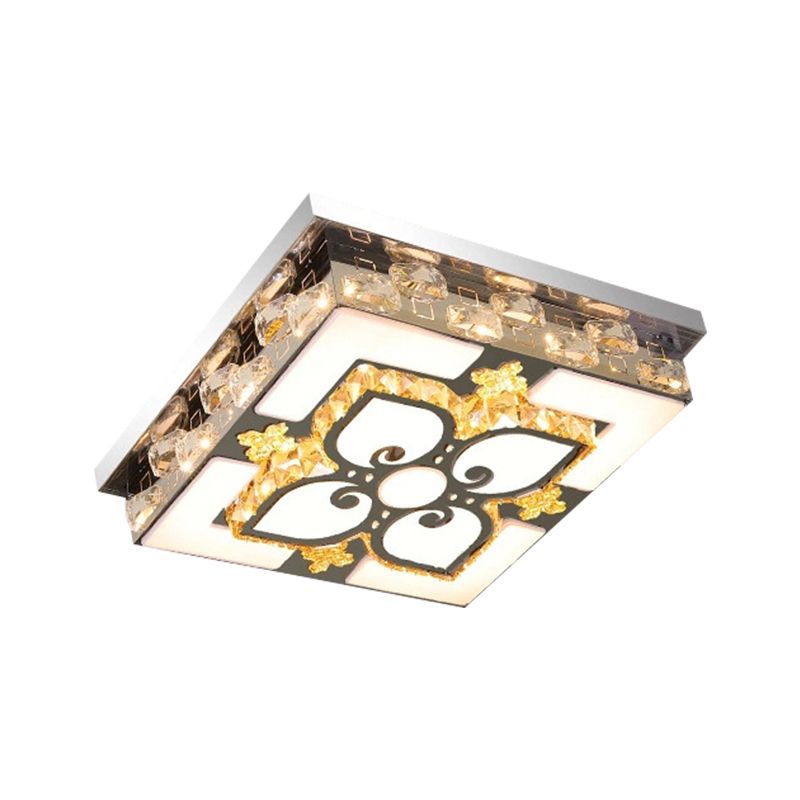 Square Clear Crystal Blocks Flush Light Contemporary Drawing Room LED Ceiling Lighting in Nickel
