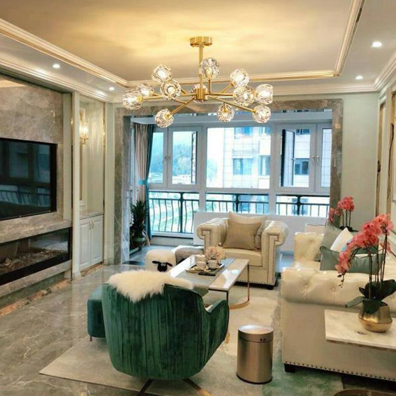 Verzweigte Kronleuchter leichte minimalistische Facettenkristalle Kugel Wohnzimmer Hängende Lampe in Messing